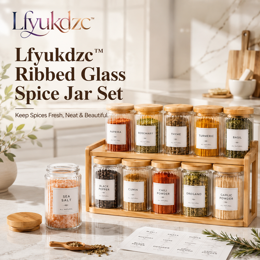 Lfyukdzc™ Ribbed Glass Spice Jar Set with Bamboo Lids, Labels & Airtight Storage Rack
