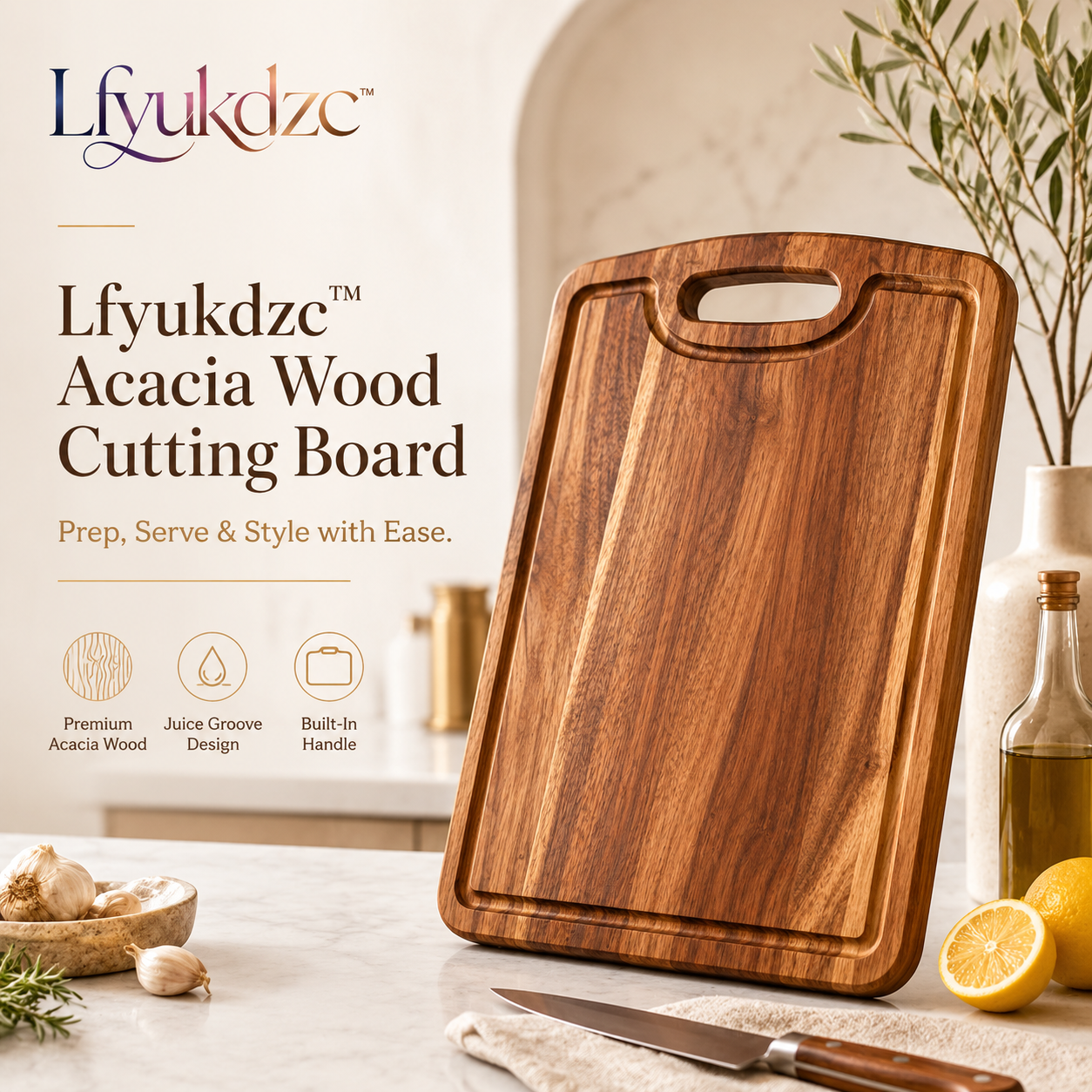 Lfyukdzc™ Acacia Wood Cutting Board with Juice Groove & Built-In Handle